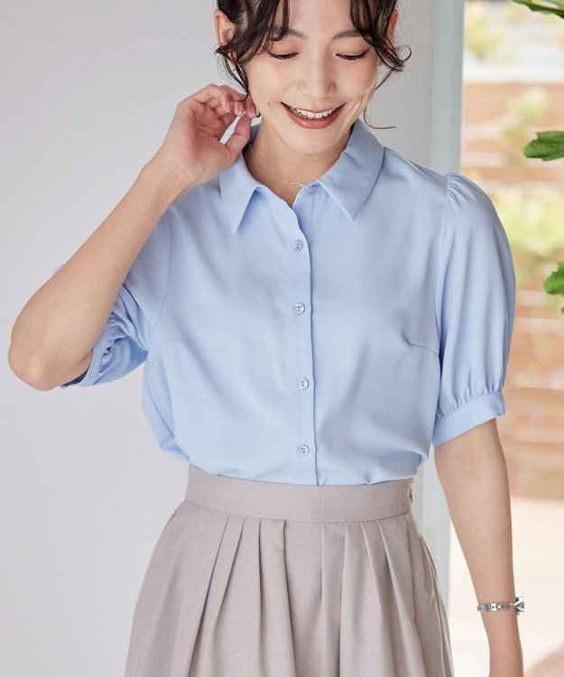 Tiaclasse L 【洗える】パフスリーブシャツブラウス サックス