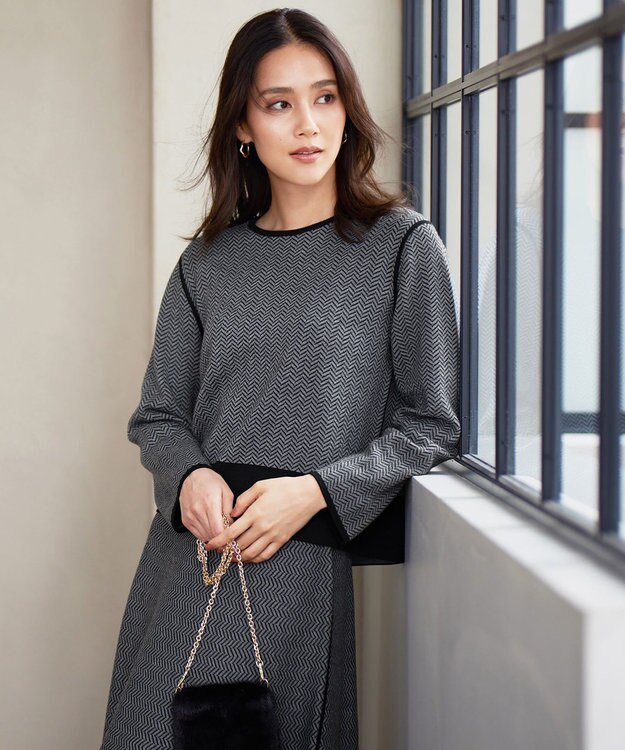 自由区 【WEB限定・マルチウェイ・洗える】ヘリンボーン柄リバーシブルニット セットアップ ブラック×グレー柄
