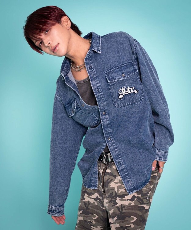 WEGO 【ユニセックス着用ITEM/MLサイズ展開】グラフィックデニムシャツ（LS） デニム中濃加工色