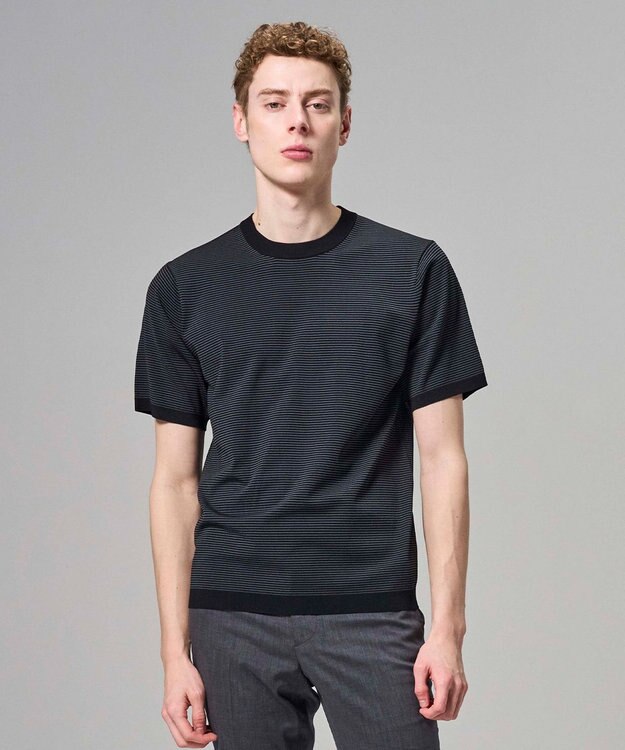 JOSEPH HOMME 【新柄】リュクスレーヨンボーダー　クルーネック半袖ニット グレー系1
