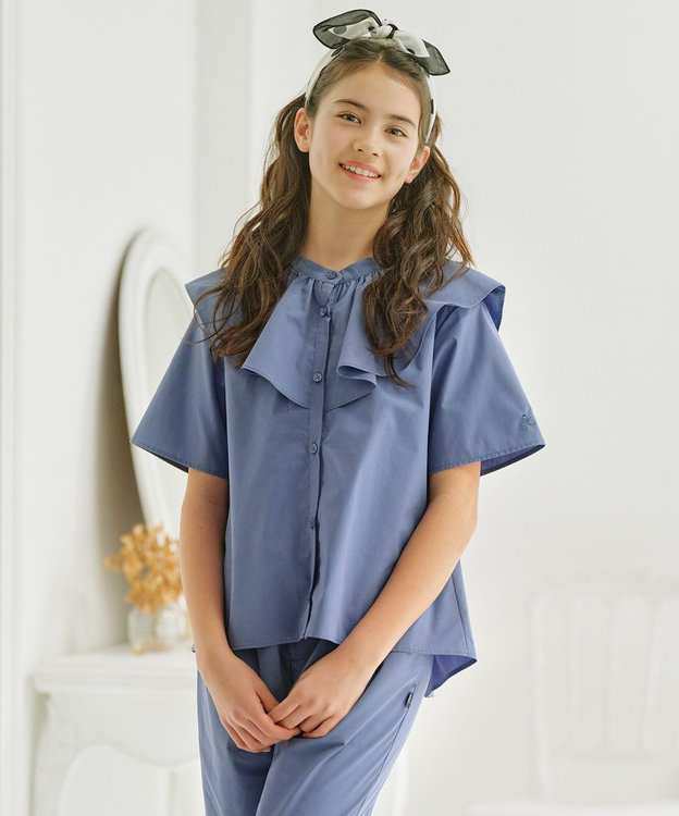 組曲 KIDS 【150-160㎝】パピヨンラッフル ブラウス ダスティブルー系
