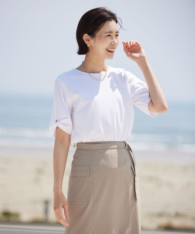 J.PRESS LADIES 【接触冷感・UVケア】コンパクトコットンスムース ツイストスリーブ カットソー ホワイト系