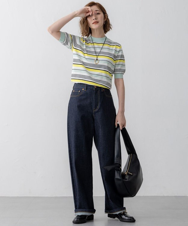 23区 L 【VERY3月号掲載/洗える】プレミアムビオコットン 半袖 マルチボーダー ニット ミントベース