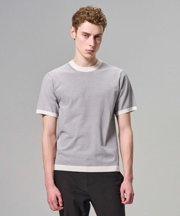 JOSEPH HOMME 【新柄】リュクスレーヨンボーダー　クルーネック半袖ニット アイボリー系1