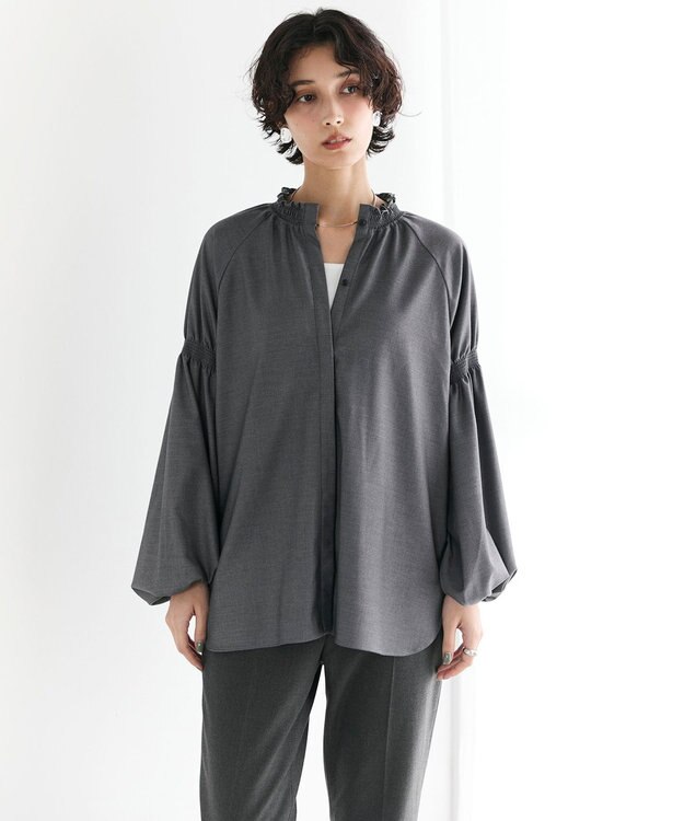 #Newans 【洗濯機可/しわになりにくい】シャーリングネック ボリュームスリーブブラウス チャコール