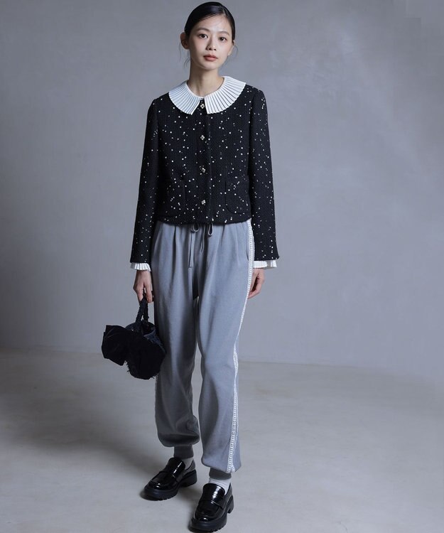 組曲 S フラワースパンコール ツイードジャケット ブラック系