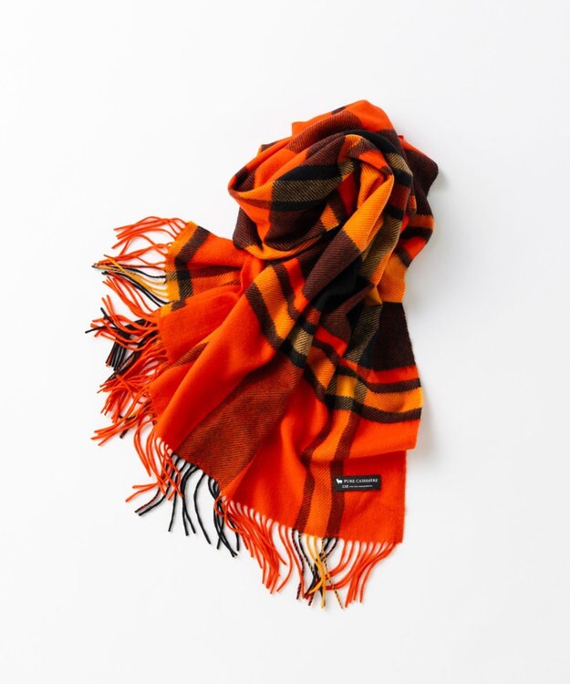 23区 カシミヤ チェック ストール オレンジ系