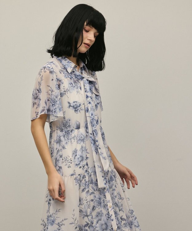 GRACE CONTINENTAL フラワープリントシャツフレアワンピース ブルー