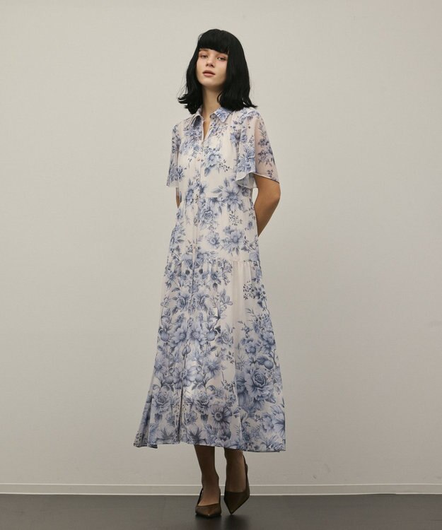 GRACE CONTINENTAL フラワープリントシャツフレアワンピース ブルー