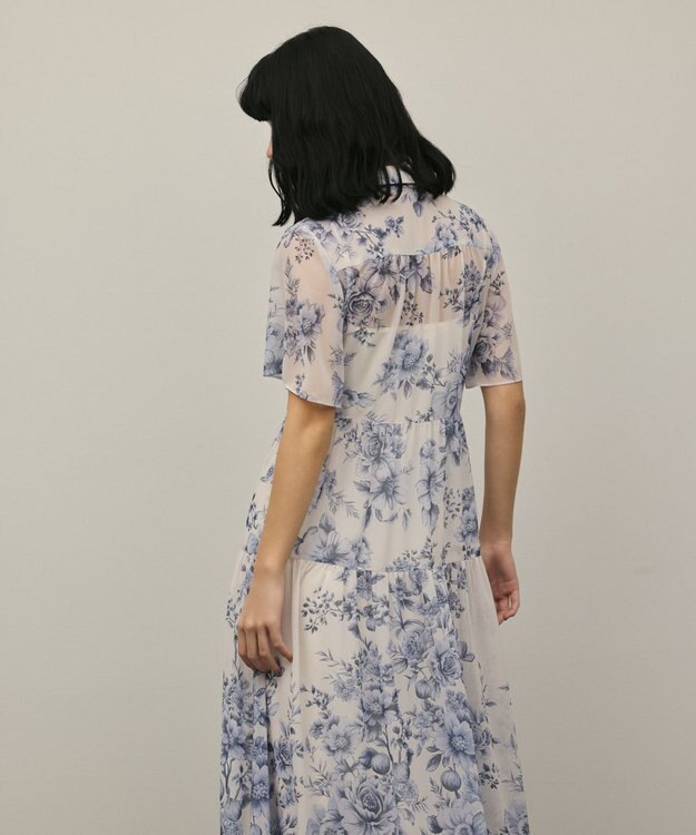 GRACE CONTINENTAL フラワープリントシャツフレアワンピース ブルー