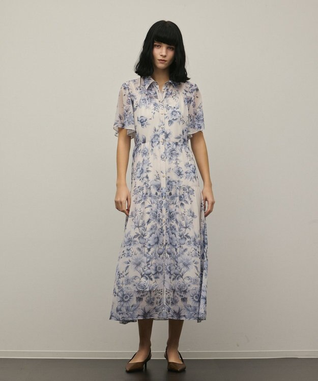 GRACE CONTINENTAL フラワープリントシャツフレアワンピース ブルー