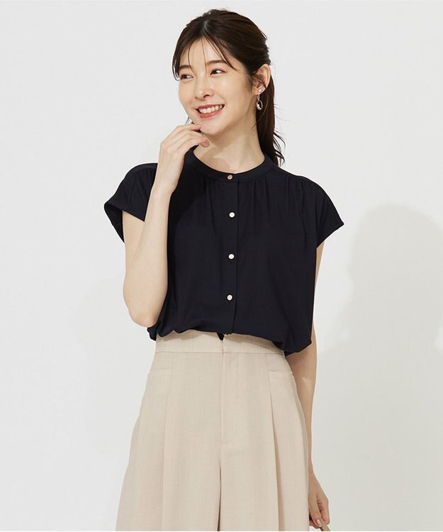 ANY SIS L 【接触冷感・UVカット・洗える】ハイストレッチスムース2WAY ブラウス ネイビー