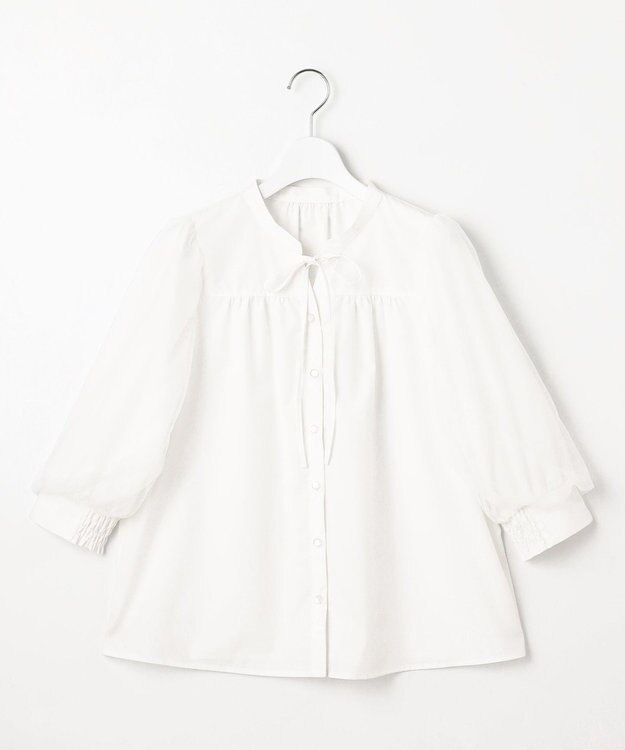 Feroux 袖チュールリボンスキッパー ブラウス ホワイト系