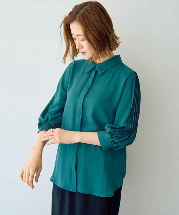 YECCA VECCA ラインプリーツスリーブシャツ Blue Green