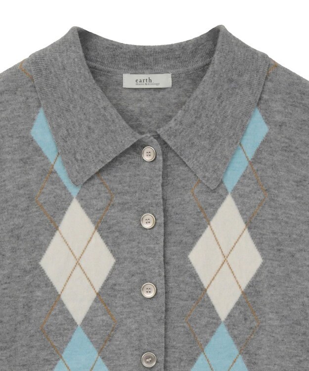 earth music&ecology 【予約】襟付きアーガイルニットカーディガン グレー