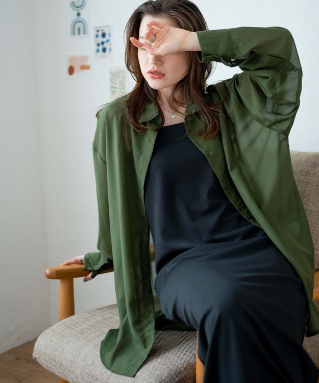 WEGO ボリュームスリーブシアーシャツ カーキ