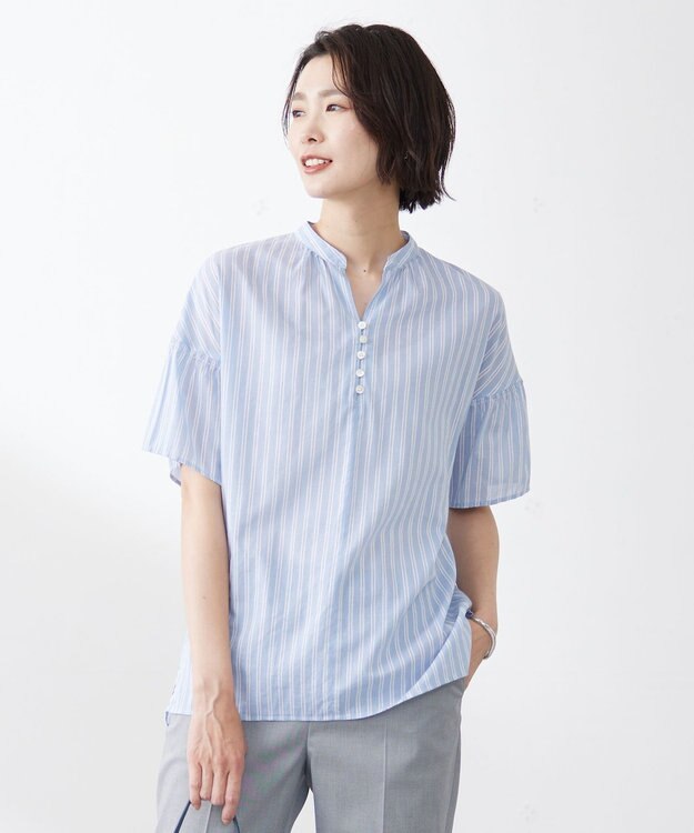 J.PRESS LADIES 【洗える】綿キュプラコードストライプ キーネック ブラウス ブルー系1