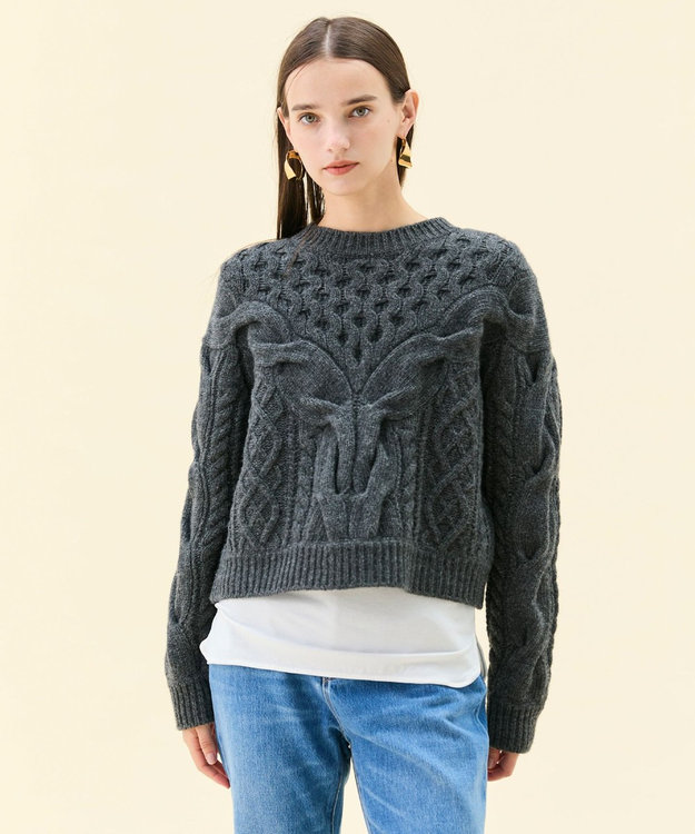 BEIGE， RULE / ウールカシミヤアラン編みクロップドニット Charcoal