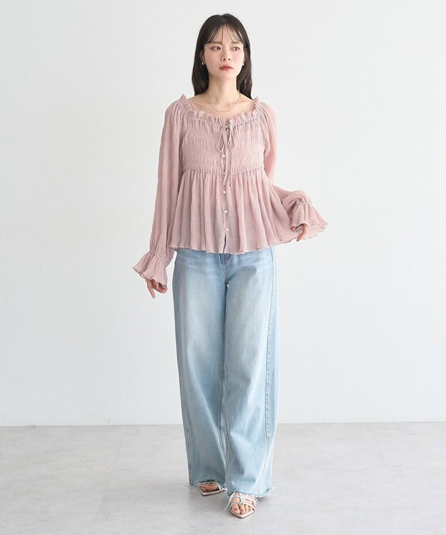 earth music&ecology 【2WAY】シャーリングフリルオフショルブラウス Pink Beige