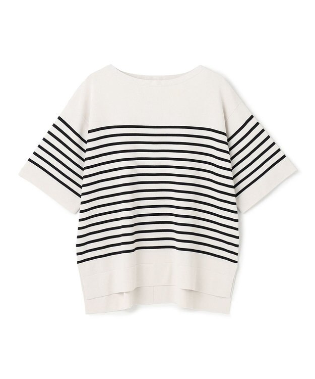 UNFILO L スゴ機能美 ハーフスリーブ ニット グレージュ×ブラックボーダー