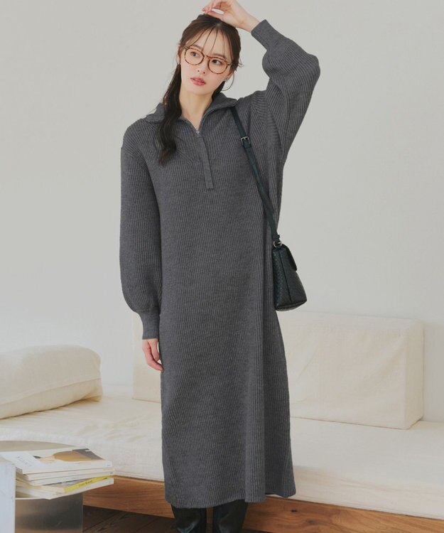 Tiaclasse 【洗える】ハーフジップリブニットワンピース チャコールグレー