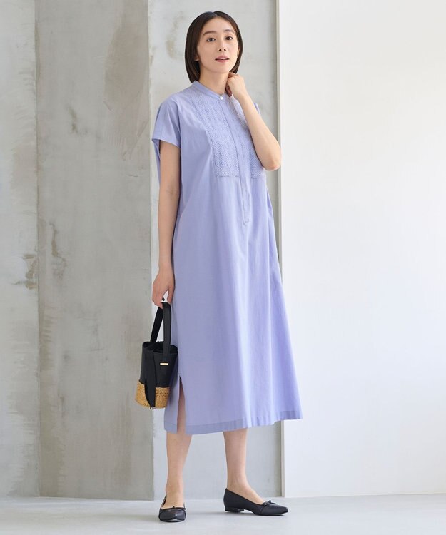 自由区 L 【洗える】ジオメトリックエンブロイダリーシャツ ワンピース ダルブルー系