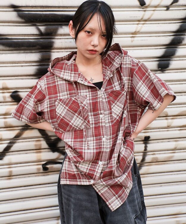 WEGO フードチェックBIGシャツ（S） レッド