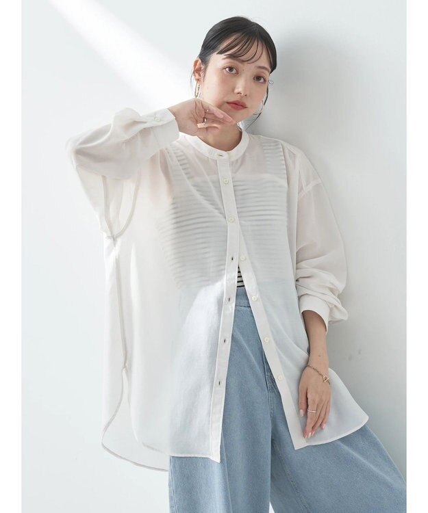 earth music&ecology シアーバンドカラーシャツ Off White