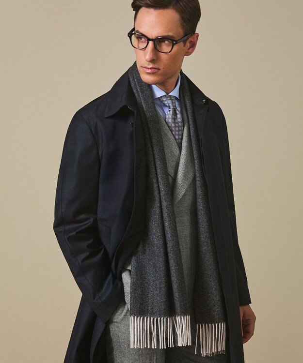 GOTAIRIKU 【カシミヤ100％】 幅広 マフラー_ヘリンボーン柄(40×180) グレー×ヘリンボーン