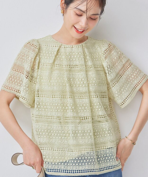 組曲 L ボーダーレース ブラウス ピスタチオ系