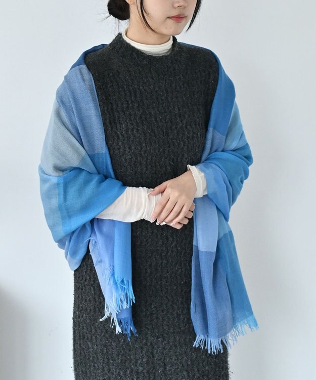 muto ブロックチェック シルクカシミヤストール blue