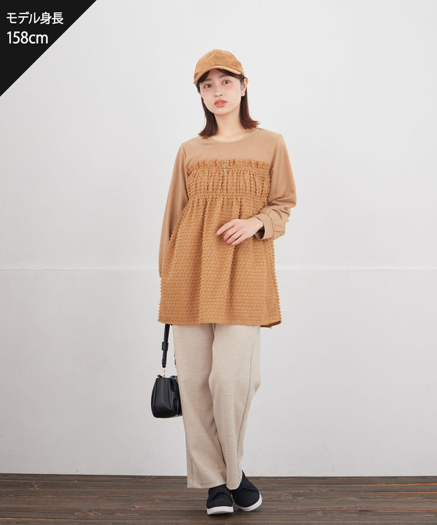 Tiaclasse L ポンチ×ジャガードドッキングチュニック キャメル