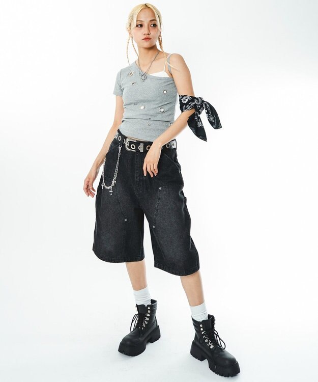 WEGO 【ユニセックス着用ITEM】ダブルニーデニムショーツ デニムブラックソノタ