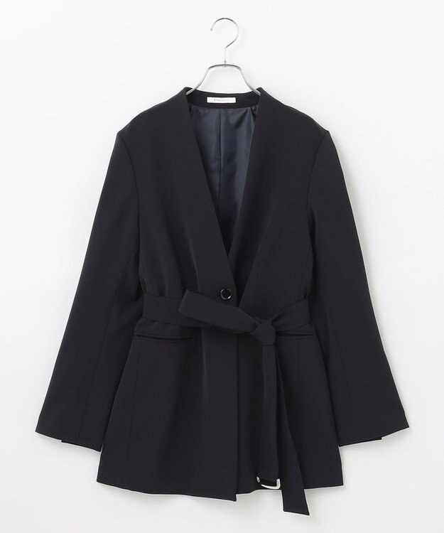 #Newans 【セレモニーにも】ベルト付ノーカラージャケット ネイビー系