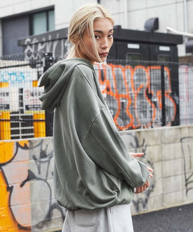 WEGO ピグメントハーフZIPロゴプルパーカー カーキ