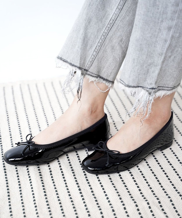 nouvelleRobe Oū サイズ追加【本革・高反発】Square スクエアトゥ バレエシューズ ブラックエナメル