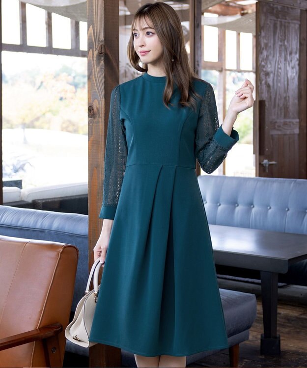 Tiaclasse L 【洗える】レーススリーブワンピース ターコイズ