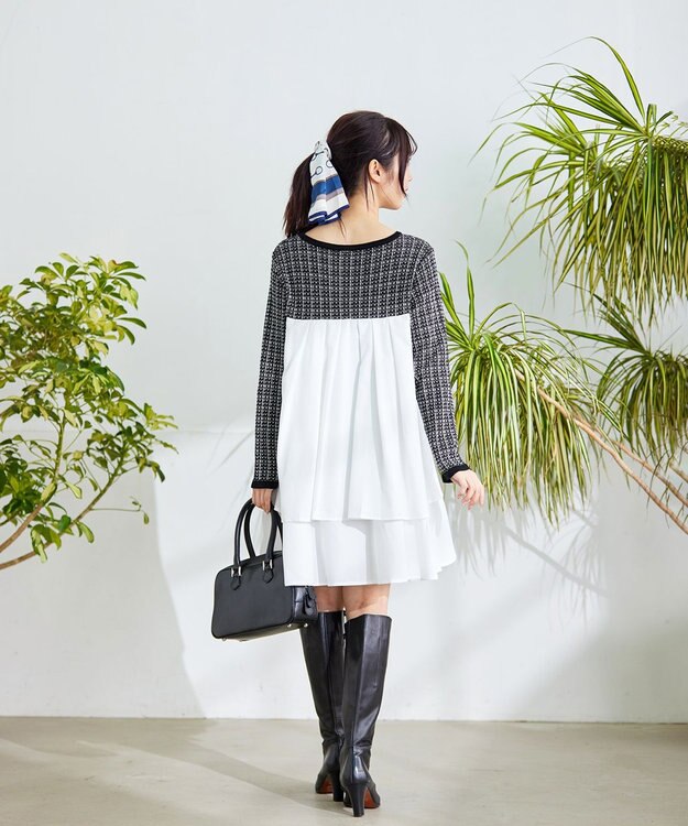 Tiaclasse 【洗える】ツイード2段フレアチュニックブラウス ブラック