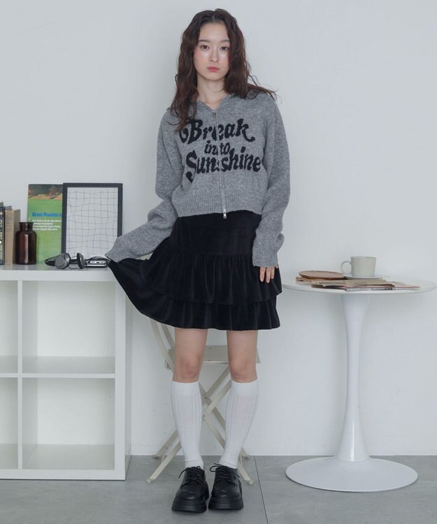 WEGO フラッフィーグラフィックジャガードニットZIPパーカー グレー