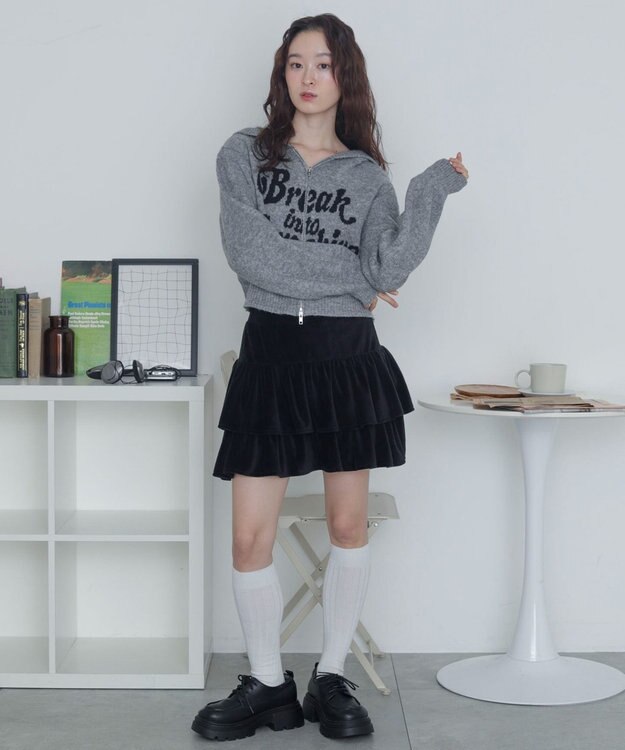 WEGO フラッフィーグラフィックジャガードニットZIPパーカー グレー