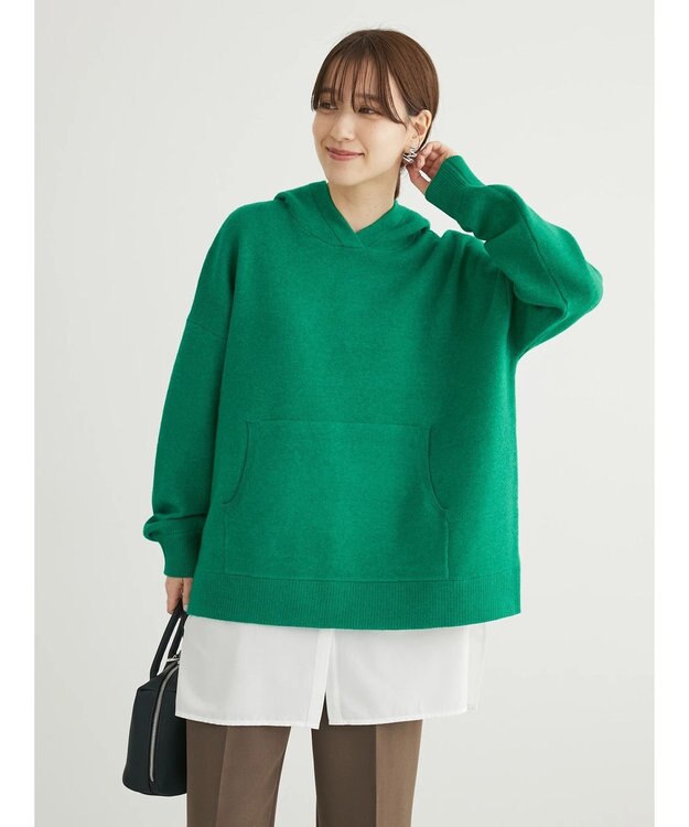Green Parks スウェット風フード付ニットプルオーバー Green