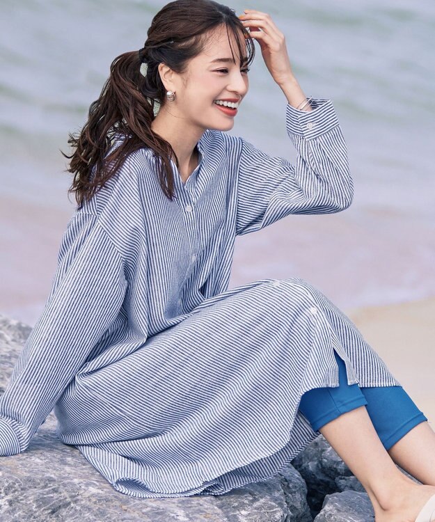 Tiaclasse 【洗える】リネンミックススキッパーシャツワンピース ブルーストライプ