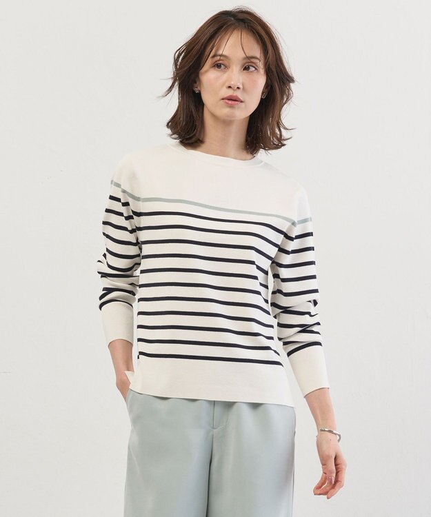 J.PRESS LADIES S Rayon Stretch Border ニット オフ×ネイビー×セージ系