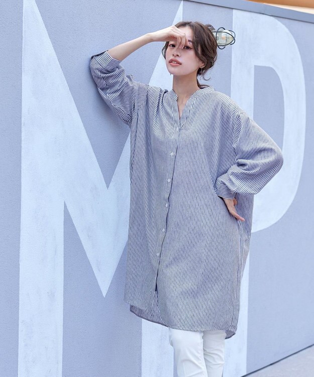 Tiaclasse 【洗える】リネンミックススキッパーシャツワンピース ブルーストライプ