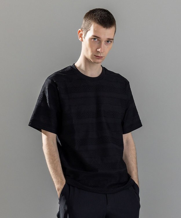 JOSEPH HOMME 新柄【ストレッチ/洗える】ジャガードボーダー　クルーネックTシャツ ブラック系