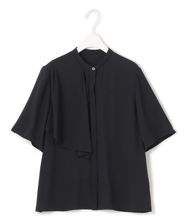 ICB 【洗える】BackSatinAmunzen 5分袖ラッフルデザインブラウス ブラック系