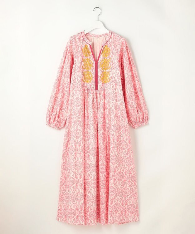 自由区 S ダマスクプリントエンブロイダリー ワンピース ピンク×イエロー刺繍