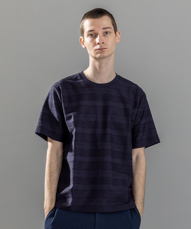 JOSEPH HOMME 新柄【ストレッチ/洗える】ジャガードボーダー　クルーネックTシャツ ネイビー系