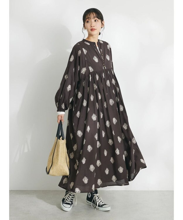 CRAFT STANDARD BOUTIQUE インド綿混フラワーモチーフワンピース Brown