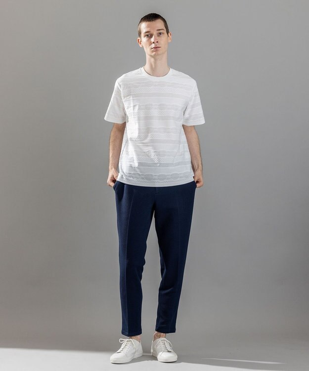 JOSEPH HOMME 新柄【ストレッチ/洗える】ジャガードボーダー　クルーネックTシャツ ホワイト系